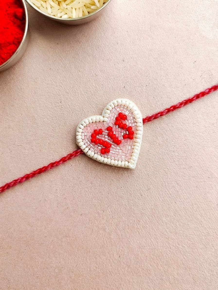 Dazzling Red & White Beaded SiS Rakhi - Handmade, Custom for Sis