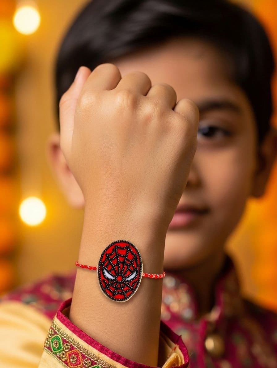 Handcrafted Red Beaded Spiderman Rakhi - Uniquely Designed for Kids